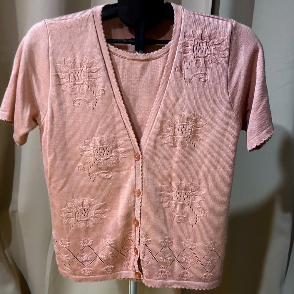 Alfred Dunner Petite Women’s Peach Faux Twinset Short Sleeve Cardigan Top Size L